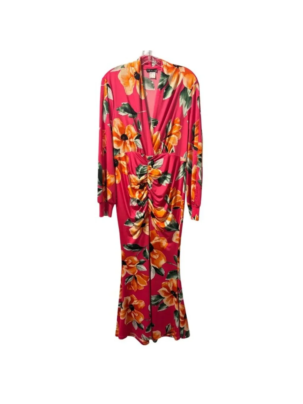 Venus Womens Pink Floral Long-Sleeve Ruched Dress Size M Polyester Dress - Picture 1 of 12
